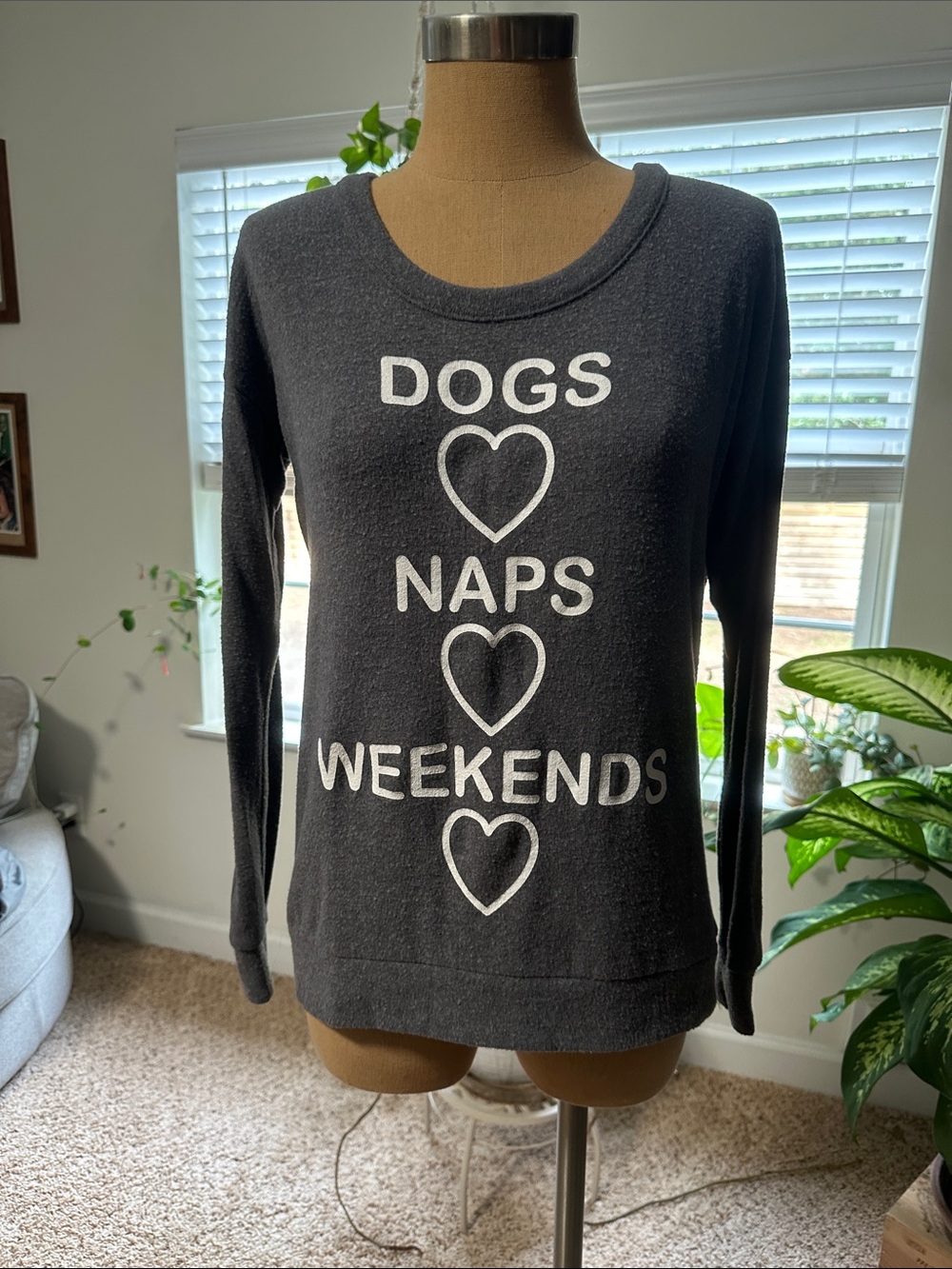 Women’s Charcoal Gray Graphic Pullover Sweater - Dogs Naps Weekends